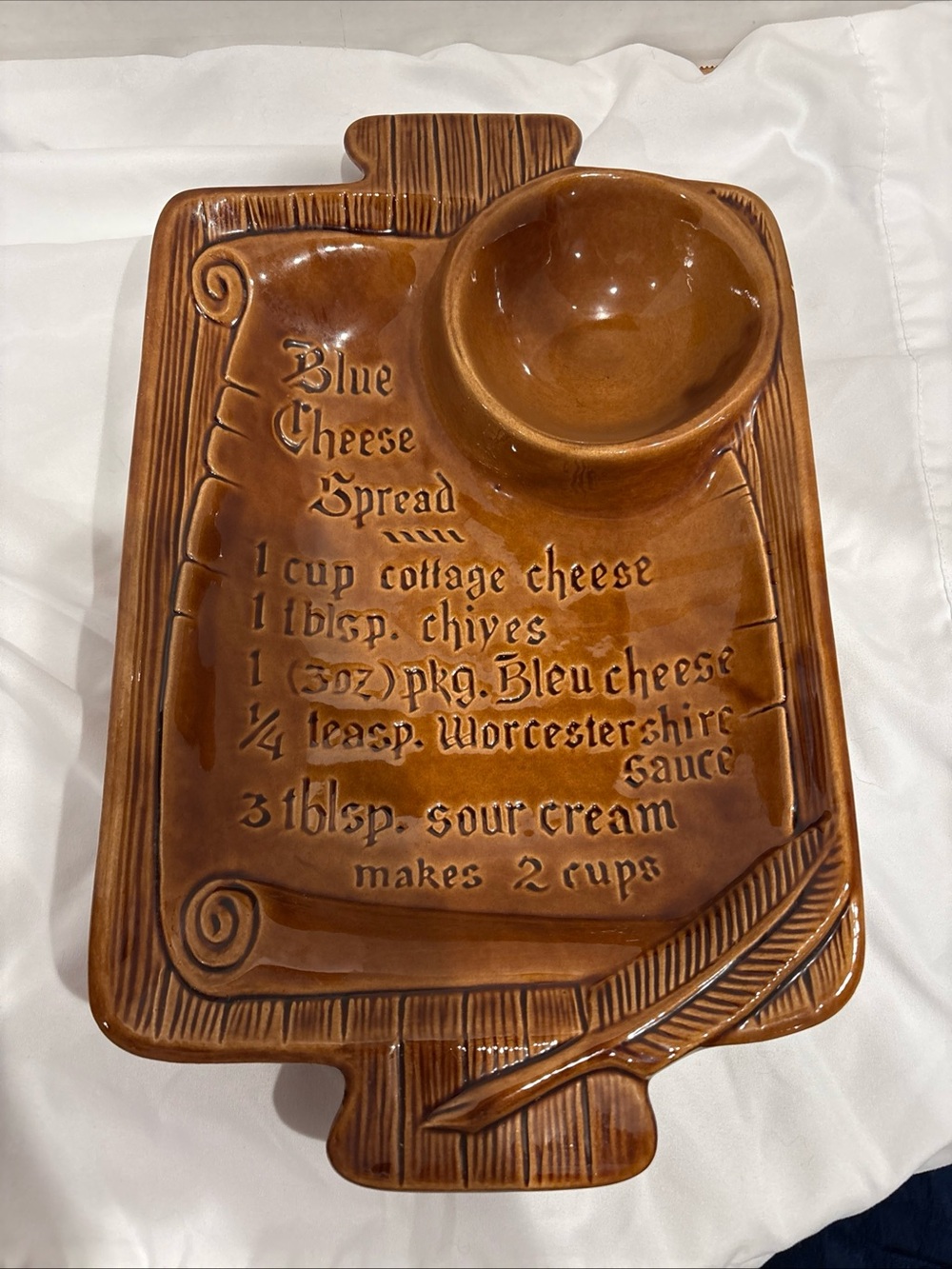 Vintage Serving Tray California Pottery w Blue Cheese Spread Recipe USA 13 x 8